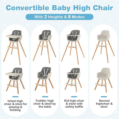 HONEY JOY Baby High Chair, 6-in-1 Eat & Grow Wooden Highchair/Toddler Chair with Removable Tray, 5-Point Harness, PU Cushion and Footrest, Convertible High Chair for Babies and Toddlers(Dark Gray)