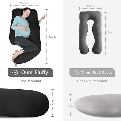 MOON PARK Pregnancy Pillows for Sleeping - U Shaped Full Body Maternity Pillow with Removable Cover - Support for Back, Legs, Belly, HIPS - 65 Inch - Black - Cooling Cover