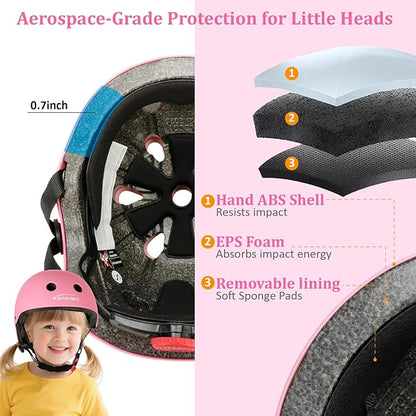 KAMUGO Kids Adjustable Helmet, with Sports Protective Gear Set Knee Elbow Wrist Pads for Toddler Age 2-8 Boys Girls, Bike Skateboard Hoverboard Scooter Rollerblading Helmet Set