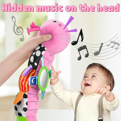 LIGHTDESIRE Baby Toys Musical Caterpillar,Infant Toys Stuffed Animals with Ruler Design,Mirror,Pull String&Ring Bell,Baby Teething Toys for Tummy Time Toys Newborn Gifts 3 6 12 Months(Pink,Leafy Limb)