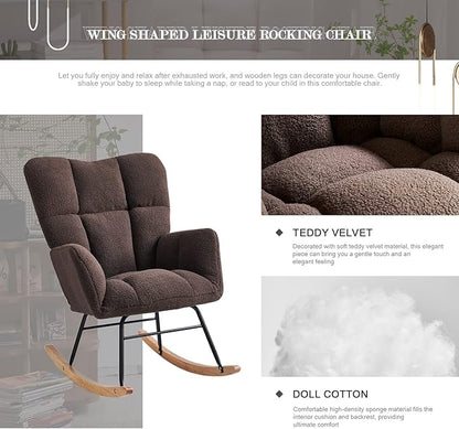 Nursery Rocking Chair, Teddy Upholstered Glider Rocker with High Backrest Armchair, Modern Rocking Accent Chairs for Nursery, Living Room, Bedroom, Offices (Brown)