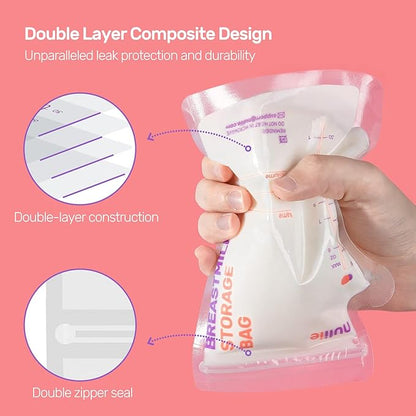 Nuliie 120 Pcs Breastmilk Storage Bags, 8 OZ Breast Milk Storing Bags, BPA-Free, Milk Storage Bags with Pour Spout for Breastfeeding, Self-Standing Bag, Space Saving Flat Profile