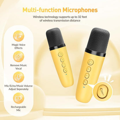 Mini Karaoke Machine for Kids Adults：Portable Bluetooth Karaoke Speaker with 2 Wireless Microphones and Lights for Home Party, Christmas Birthday Gifts for 4-12+ Years Old Girls Boys(Yellow)