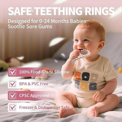3 Pack Baby Teething Toys 3-6 Months, Silicone Ring Teethers for Babies 6-12 Months, Freezer Safe Chew Toy with Textured Grip for Boys Girls Teething Relief, Infant Easter Gift (Sandy Rose Pink)