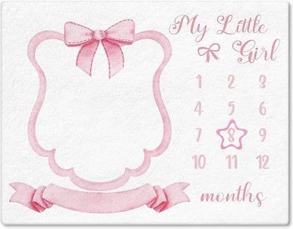 Trendy Pink Bow Coquette Baby Milestone Blanket Coquette Flannel Blanket Newborn Infant Swaddle Growth Baby Frame for Boys Girls Nursery (Bow, Pink)