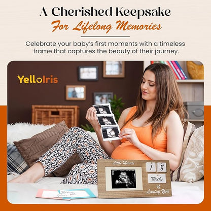 Brown Ultrasound Sonogram Picture Frame with Milestone Tracker – Elegant Wooden Keepsake for Expecting Parents – Nursery Décor Gift for New Moms – Countdown Tiles Included – 12" x 6" Design