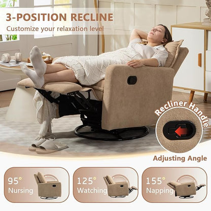 Swivel Rocking Recliner Chair for Nursery, Upholstered Glider Rocker Recliner, Swivel Reclining Chair for Nursery Living Room Bedroom, Camel Short Plush