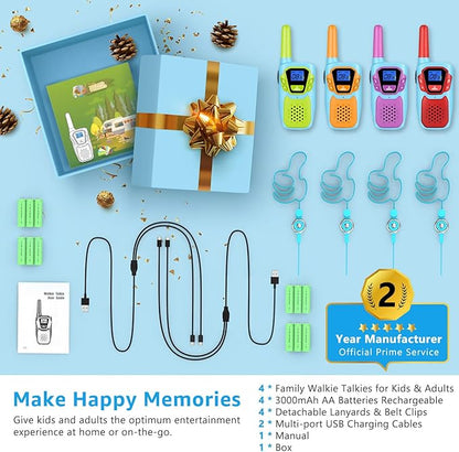 Walkie Talkies for Kids Adults Long Range Rechargeable 4 Pack Drop-resistant FRS 2 Way Radio 4 Miles with Lanyard Battery NOAA USB, Family Toy for 3-12 Year Old Boy Girl Toddler Camping Skiing