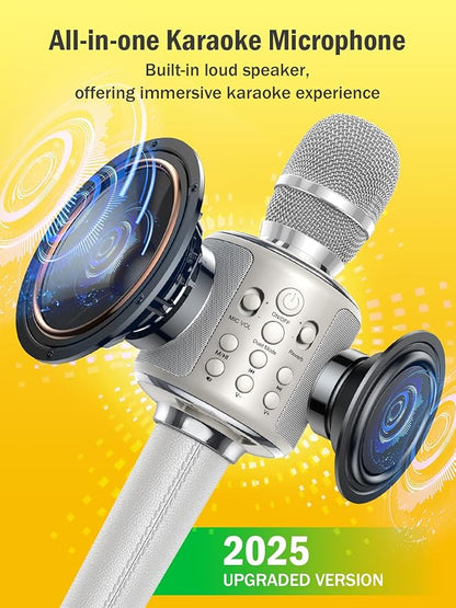 Wireless Bluetooth Karaoke Microphone, Built-in Loud Speaker for 10H Playback, Add Reverb/Duet Mode/Earbuds Monitoring, Portable Karaoke Machine for Entertainment & Singing Practice (White)