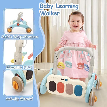 2 in 1 Baby Play Gym with Walker for Newborn, Baby Play Mat Activity Gym with 4 Infant Learning Sensory Tummy Time Mat for Infant Christmas Gifts Adjustable Height (Blue)