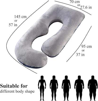 Pregnancy Pillow, Full Body Maternity Pillow 57 inch, with Removable Washable Cover - Sleep Support for Legs, Back, Neck, Shoulder, HIPS, Belly, Velvet Cover-Grey-Dark Blue