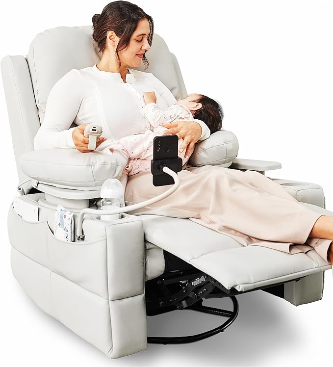 Rocking Chair Nursery with Adjustable Armrests, Electric Glider Recliner Nursing Chair for Breastfeeding, Power Swivel Recliner Chairs with USB Port and Storage, FSC Certified (Vanilla)