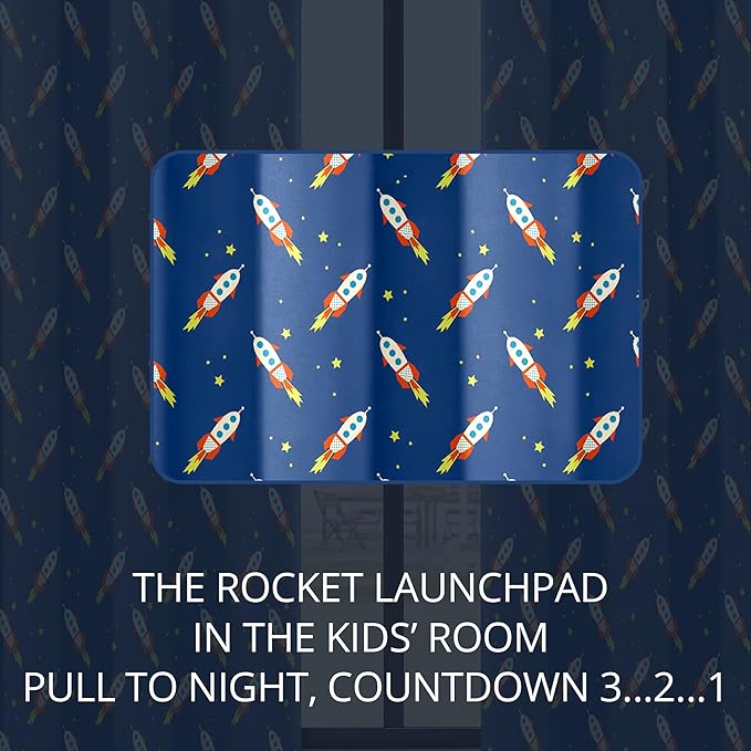 Kids Space Rocket Blackout Curtains - 100% Blackout, Thermal Insulated, Noise Reducing, Perfect for Kids Room and Nursery, 2 Panels (Rocket Blast-Off Repeat, W52×L63)