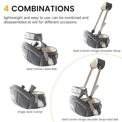 Baby Carrier with Hip Seat Adjustable Strap Huge Storage 4-in-1Toddler Carrier Enhanced Lumbar Support Ergonomic Baby Hip Carrier for Newborns & Toddlers Gray