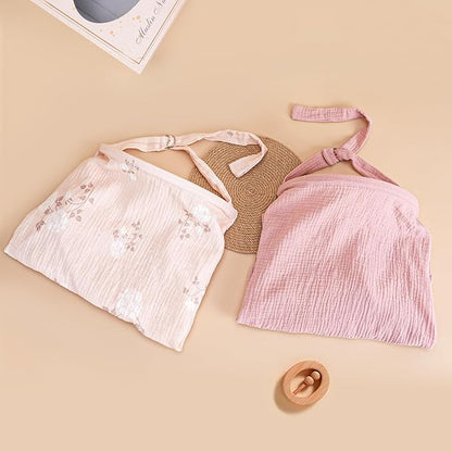 2 Pack Muslin Cotton Nursing Cover for Breastfeeding, Privacy Breathable Breastfeeding Cover Cover up with Arch Neckline for Mom, 100% Cotton Nursing Apron, Floral and Pink