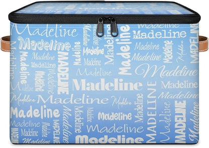 Custom Storage Basket with Name, Personalized Storage Bins with Zipper Lid, Foldable Fabric Storage Box Large capacity with Handle Blue
