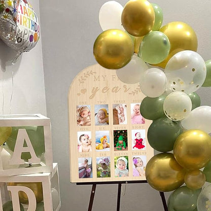 My First Year Photo Display Wood Board Baby's First Year Photo Frame Milestone Board 12 Months Baby Picture Frame 1st Birthday Nursery Decorations for Boy Girl Baby Keepsake Gift for Mom (2" x 3" photos - Wallet Size)
