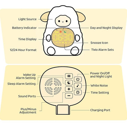 Sheep Alarm Clock with Night Light for Kids with Sleep Training and Sound Machine, Rechargeable Silicone Lamp OK to Wake Clock，Cute Animal Tabletop Lamp, Perfect Sleep Companion for Boys Girls, Khaki