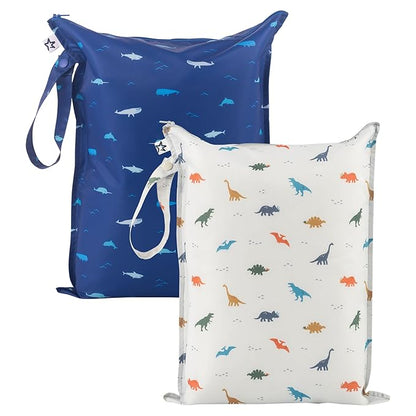Tiny Twinkle Mess-Proof Waterproof Wet Dry Bag | 2-Pack Reusable Wet Bags for Swimsuits & Baby Clothes | Leakproof Wet Bag for Travel & Diaper Changes for Baby (Dinosaur, Ocean Life)