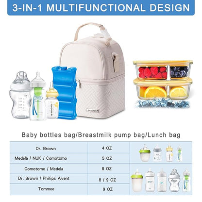 Breastmilk Cooler Bag with Ice Pack Fits 6 Baby Bottles up to 9 Ounce, Breast Milk Pump Cooler Bag with Shoulder Strap for Nursing Mom Daycare, Work, Travel- Cream