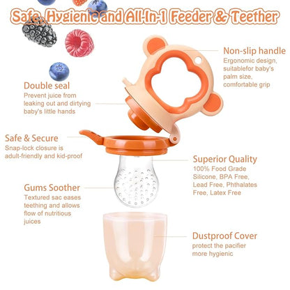 Baby Fruit Food Feeder - Silicone Nibble Tray Combo - Breastmilk Popsicle Mold for Cooling Relief, BPA Free Mesh Feeder for Infant Self Feeding (Monkey Orange + Pineapple)