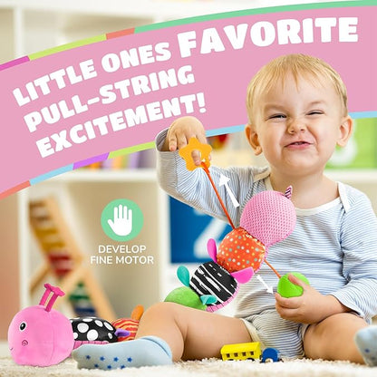 Baby Toys 6-12 Months Music Caterpillar Infant Toys Stuffed Animals 0-3-6 Months Teething Tummy Time Sensory Toys with Mirror Rattle&Pull String for Boys Girls Birthday Gifts|Candy Pink,Leafy