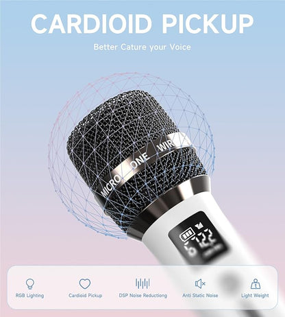 Wireless Microphones, Microphone with One-to-One Chip Connection and LED Lights, 40H Duration, 200FT Range Receiving, Volume Control Karaoke Microphone for Singing, Speech, Home Party, YouTube/TikTok