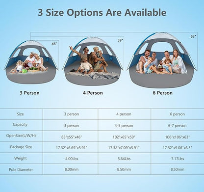 NXONE Beach Tent Sun Shade Shelter for 3/4/6 Person Person with UV Protection, Extended Floor, 3 Mesh Roll Up Windows & 8.0/8.5mm Fiberglass Rods丨Carry Bag Included