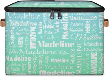 Custom Storage Basket with Name, Personalized Storage Bins with Zipper Lid, Foldable Fabric Storage Box Large capacity with Handle Bright Green Blue