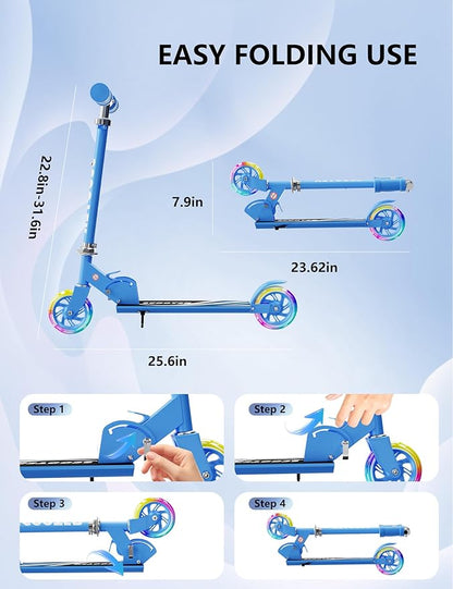 Scooter for Kids Ages 3+, 2 Wheels Kids Kick Scooter with Led Light Up & 3 Levels Adjustable, Lightweight Foldable for Boys&Girls