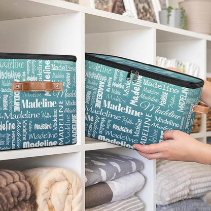 Custom Storage Basket with Name, Personalized Storage Bins with Zipper Lid, Foldable Fabric Storage Box Large capacity with Handle Grey Blue Green