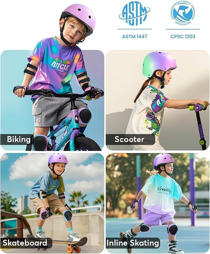 Kids Bike Helmet and Pads Set for Ages 2–14, CPSC Certified Adjustable Helmet with Knee Elbow Wrist Guards, for Skateboard, Scooter, Skating, Rollerblading, Multi-Sport Protective Gear