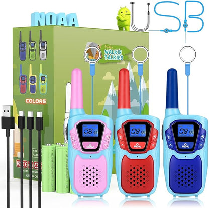 Walkie Talkies Long Range 3 Pack Rechargeable Walkie-Talkies for Kids Girls Boys Toddlers Adults Camping Hiking Skiing Cruise, Family Pink 2 Way Radio Toy with Lanyard Battery 4 Miles VOX NOAA