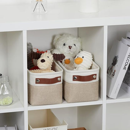 DULLEMELO 2-Pack Bathroom Baskets for Toilet, Small Storage Bins for Organizing Closets, Cabinets, Shelves, Canvas Fabric Storage Basket Bins With Leather Handles for Empty Gift Basket (White&Khaki)