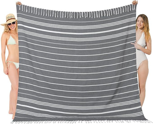 Oversized Turkish Beach Towel Blanket XXL Cotton Sandproof Towels Boho Woven Extra Large Big Sand Free Giant Throw Thick Blankets Huge Quilt XL Picnic Camping Necessities Cloud For Adult Gifts Black