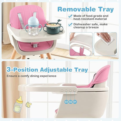 HONEY JOY High Chair, 3-in-1 Eat & Grow Wooden Highchair/Booster Seat/Toddler Chair with Removable Tray, 5-Point Harness, PU Cushion and Footrest for Baby, High Chair for Babies and Toddlers(Pink)