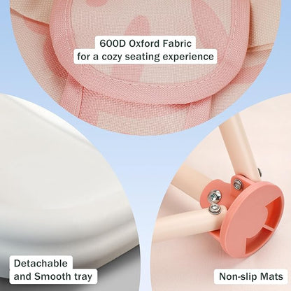 Tiny Marvels Portable 3-in-1 Baby Booster Seat, Cozy Floor Seat, Feeding Seat with Tray, Compact Foldable Toddler Booster with Child Safety Belt Carry Bag, Perfect for Travel (Blush Bloom)