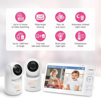 VTech Advanced HQ Max Twin 7" Digital Video 2-Cameras Baby Monitor with Pan Tilt Zoom, Long Battery Life 5000mAh, IPS Screen, Adaptive Multi-Color Night Light, 2-Way Talk, HQ Display, No WiFi, White