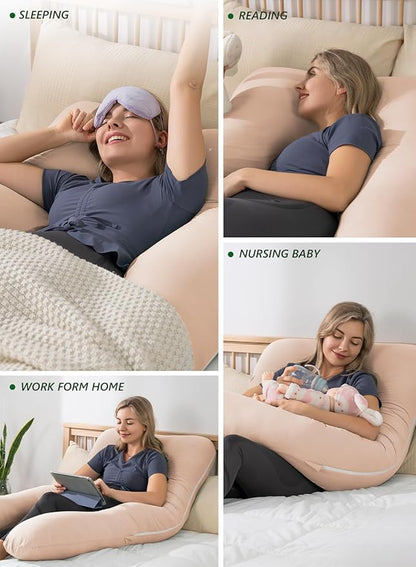 Meiz Pregnancy Pillows, Pregnancy Pillows for Sleeping Cooling, U Shaped Full Body Pillow for Adult, Rayon Cover from Bamboo, Light Apricot