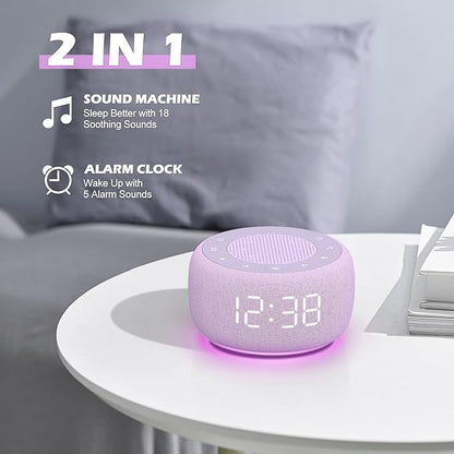 Buffbee Sound Machine & Alarm Clock 2-in-1, 0-100% Clock Face Brightness, Bottom Colored Light, Sleep Timer, Precise 30-Level Volume White Noise Machine, Digital Alarm Clocks for Bedrooms - Purple
