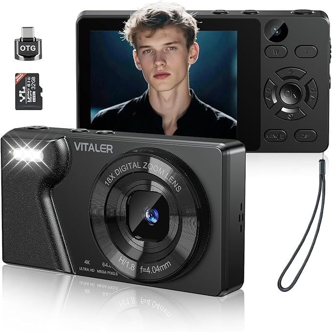 Digital Camera with Front Rear Lens, Autofocus 64MP 4K Camera for Photography with 32GB Card, Portable Compact Point and Shoot Camera for Teens Adult Beginner with Metal Shell, 2000mAh Battery