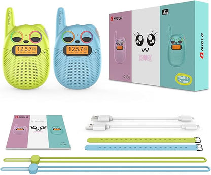 Qniglo Walkie Talkies for Kids Rechargeable 2 Pack,Christmas Birthday Gifts Toys for Age 3-12 Boys Girls, Long Range Kids Walky Talky with FM Radios for Family Adventure Camping Hiking Spy Games