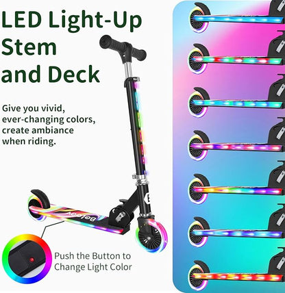 BELEEV V2 Scooters for Kids with Light-Up Wheels & Stem & Deck, 2 Wheel Folding Scooter for Girls Boys, 3 Adjustable Height, Non-Slip Pattern Deck, Lightweight Kick Scooter for Children Ages 3-12