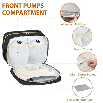 PIIOSER Insulated Baby Bottle Bag with Ice Pack, Breastmilk Cooler Compatible with Wearable Breast Pumps & Accessories - Breastfeeding On The Go Travel for Nursing & Working Moms, Black