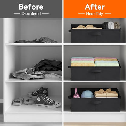 Lifewit Storage Baskets for Shelves, 6 Packs Non-woven Fabric Trapezoid Closet Organizer Bins with Handles, Foldable Clothing Containers Box for Clothes, Toy, Towel, Book, DVD, Hats, Large-Black