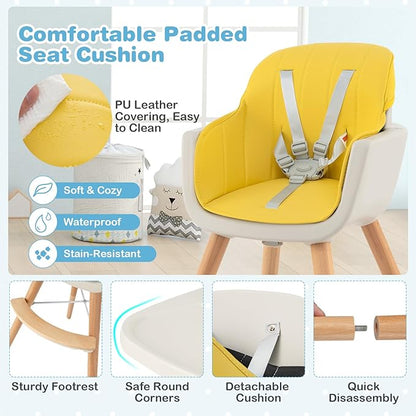 HONEY JOY High Chair, 3-in-1 Eat & Grow Wooden Highchair/Booster Seat/Toddler Chair with Removable Tray, 5-Point Harness, PU Cushion and Footrest for Baby, High Chair for Babies and Toddlers Yellow