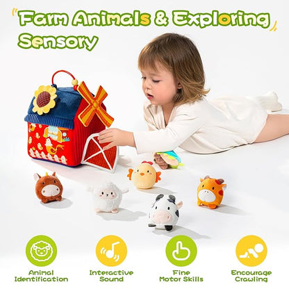 Baby Toys 6-12 Months, Montessori Sensory Toys, My First Farm House Toy with 6 Stuffed Animals,Rotating Windmill & Sunflower Crinkle, Rattle, Fun Mirror Fine Motor Skills Development,Baby Gift