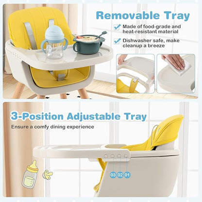 HONEY JOY High Chair, 3-in-1 Eat & Grow Wooden Highchair/Booster Seat/Toddler Chair with Removable Tray, 5-Point Harness, PU Cushion and Footrest for Baby, High Chair for Babies and Toddlers Yellow