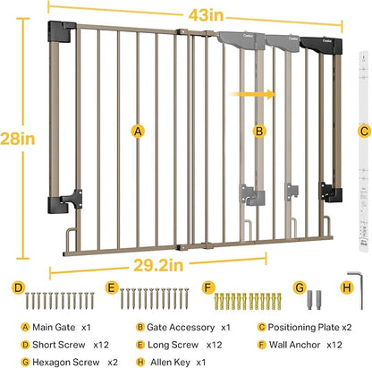 Cumbor 29.2-43" No Bottom Bar Baby Gate for Stairs, 2-in-1 Hardware Mounted Dog Gate Indoor, Pet Gate for Doorways with Large Walk Thru Door, Child-Proof Safety Gate for Top & Bottom of Stairs (Brown)