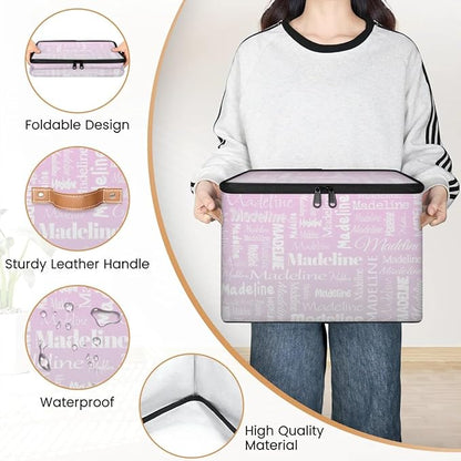 Custom Storage Basket with Name, Personalized Storage Bins with Zipper Lid, Foldable Fabric Storage Box Large capacity with Handle Grey Pink Gradient